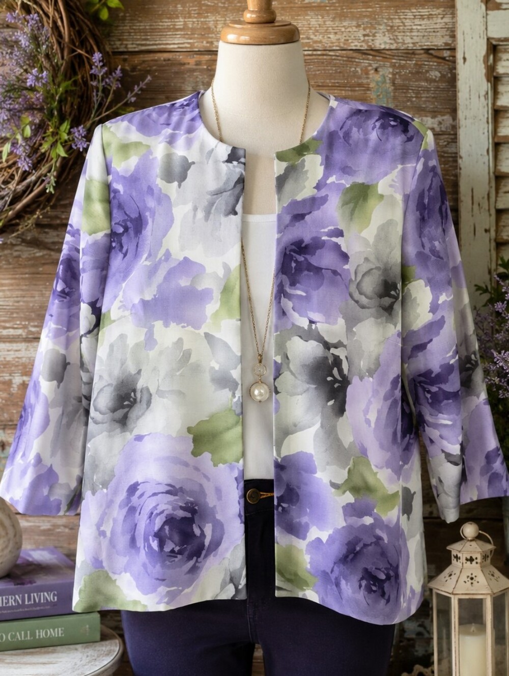 Alfred Dunner Purple Watercolor Floral Open Front Jacket Size 16